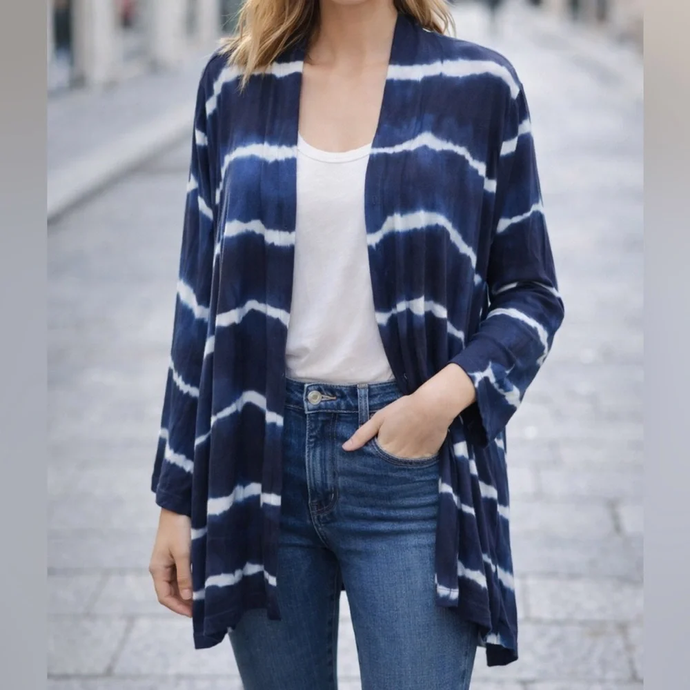 Xhilaration Navy Tie Dye Striped Kimono Cardigan Boho Layering Wrap M/L NWT